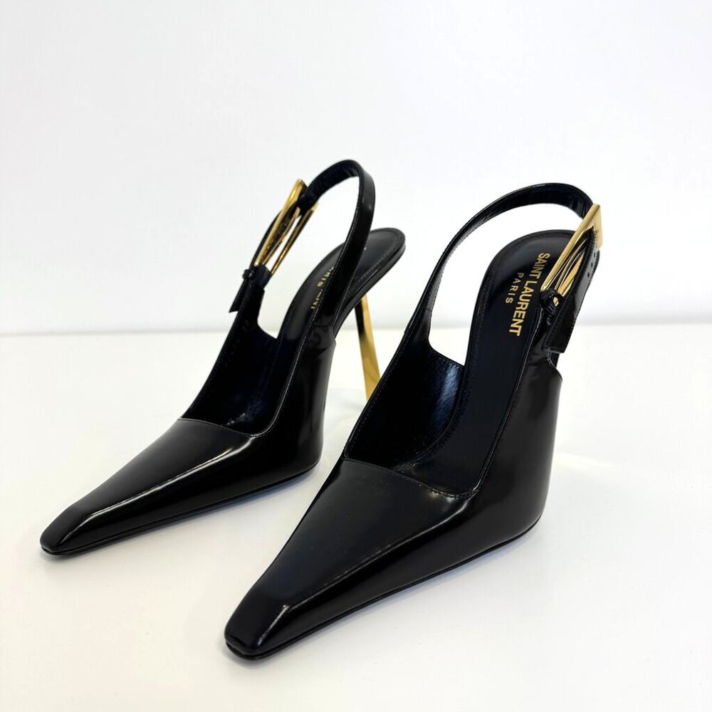 Saint Laurent Black Lee Slingback Pumps Gold Heel 38 NEW YSL Buckle Point Shoes - Picture 3 of 9